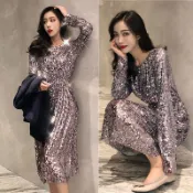 ❤️F18371【現貨】S~3XL號 銀色亮片閃亮圓領鬆緊腰舞台夜店尾牙長袖連身中長裙洋裝 大尺碼