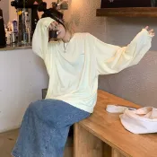 MUMU【T22615】現貨 黃色 棉質小刺繡長袖上衣 長袖上衣 女裝 衣服 寬鬆上衣 顯瘦上衣 刺繡 潮流 大學T