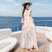 重工掛脖吊帶洋裝女夏季長裙拍照露背海邊度假沙灘裙子