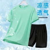 (店+)運動套裝男女涼感衣短褲冰絲短袖透氣輕薄五分短褲夏天寬鬆休閒套裝吸濕排汗五分褲登山釣魚運動短褲速乾健身短裤圓領T恤短袖上衣