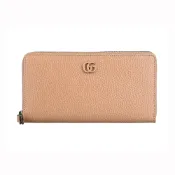 GUCCImarmont立體字母LOGO荔枝紋造型設計牛皮拉鍊12卡拉鍊長夾(玫瑰米)