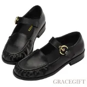 【Grace Gift】復古名媛金屬圓扣瑪莉珍樂福鞋 黑