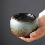 亭亭~清倉特惠 粗陶建水孔雀綠帶蓋茶渣缸茶水盂家用茶洗功夫茶具配件陶瓷茶水缸