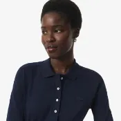 【LACOSTE】女裝-修身彈性網眼布長袖Polo衫(海軍藍)