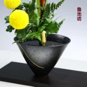 💕桃園發貨＋統編💕 池坊花器禪意插花日式復古擺件花道創意黑色斗笠碗花盆插花器皿