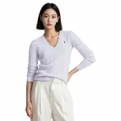 【RALPH LAUREN】RL POLO 經典V領刺繡小馬麻花針織毛衣 上衣-女-白色(平輸品)