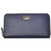 Salvatore Ferragamo Gancio系列防刮牛皮金色LOGO多卡機能拉鍊長夾(海軍藍色系)