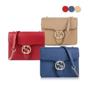 【GUCCI 古馳】510304 經典雙G LOGO Interlocking系列全皮單鍊側肩包/斜背包背郵差包風琴包(款式任選)