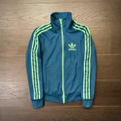 《595_Vintage》Adidas Originals｜經典三線立領拉鍊運動外套｜深綠 × 螢光綠｜二手｜S