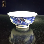 協貿國際日用品生活8館 景德鎮仿古瓷碗雙龍戲珠圖骨瓷碗家用高腳米飯碗古玩裝飾擺件