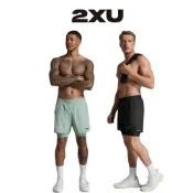 【2XU】男 AeroMesh 輕盈雙層壓縮內襯 5吋機能運動短褲(黑/綠)｜PWX強效壓縮面料