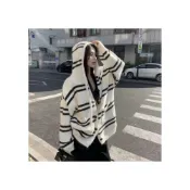 (店+)條紋連帽抽繩毛衣外套女秋冬韓系慵懶風針織開衫寬鬆百搭上衣外穿