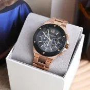 MICHAEL KORS 經典MK三眼不繡鋼手錶 45mm(玫瑰金/黑)