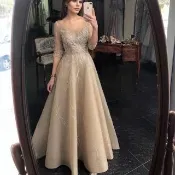 【女神婚紗禮服】極致大氣金七分袖奢華長款宴會晚禮服 LA70823(頒獎禮服 晚宴服)