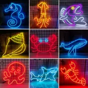 海洋動物霓虹燈海鮮店海鮮餐廳牆壁裝飾魚龍蝦鯨魚霓虹燈可愛魚 Led 標誌牆壁裝飾霓虹燈臥室