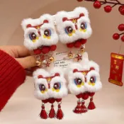 1對裝新年醒獅鈴鐺流蘇髮夾春節可愛碎髮髮卡喜慶髮飾