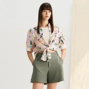  【G2000】女款 襯衫領印花短袖休閒上衣-白色(4124159102)