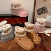 【可開發票】阿蔓諾加絨加厚真皮貓爪雪地靴女2024新款冬季短靴子厚底可愛棉鞋