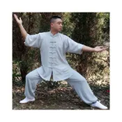 (店+)樂多小舖 夏季短袖太極服棉麻武術練功服男功夫服亞麻中袖太極拳服表演服裝