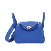 【Hermes 愛馬仕】展示品 Mini Lindy 牛皮金釦手提/肩背兩用包-19cm(BLEU藍)