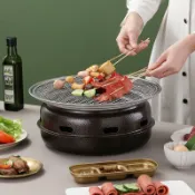 森活選物 【加厚無煙】韓式燒烤爐 烤肉架 烤肉爐 木炭烤爐 不沾烤盤 圓形烤爐 室內戶外兩用 野營露營便攜 加厚鋼板 導油設計 無煙不沾 輕鬆燒烤