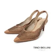 【TINO BELLINI 貝里尼】巴西進口 鏤空雕花編織設計尖頭露跟鞋 FS2V003-9(駝色)