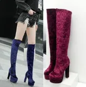 👢金絲絨中長靴大小碼14cm超高跟 瘦腿防水台高跟細跟騎士靴