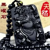 已開光正品 天然黑曜石 文關公吊墜 項鍊 關二爺 拿書 關公 虎眼石珠鍊 關聖帝君 旺財保平安助事業 避邪護身符