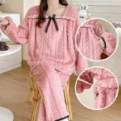 珊瑚絨月子服秋冬款加厚產后孕婦哺乳期喂奶睡衣冬天套裝11月份12 月子服 哺乳睡衣 產後餵奶哺乳衣 居家服長袖 MA14