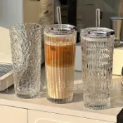 【桃園快速/免運】高顔值玻璃杯冷飲大容量ins帶蓋玻璃吸管杯果汁條紋咖啡杯水杯子
