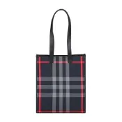 BURBERRY 小牛皮拼帆布Book Tote內標壓印LOGO格紋肩背托特包(中/藍x灰格紋)