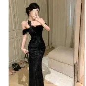 樂芙蘭 洋裝✨實拍 辣妹一字肩吊帶魚尾裙連衣裙 時尚辣妹抹胸長裙 修身性感黑色禮裙 尾牙宴會禮服 高階感包臀長裙
