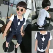 台灣現貨❤️男童短袖t恤假兩件馬甲條紋短褲套裝 中小童紳士禮服西裝套裝 兒童夏季新款白t黑短褲花童小西裝三件套裝送領結
