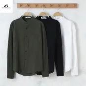COCO/春夏純色亞麻衬衫 立領襯衫男 無領長袖襯衫 白襯衫 褶皱青年工作服 休閒風男士襯衫 大尺碼襯衫 外套男