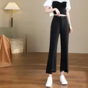 ParrotFashion不規則開叉微喇褲女春夏季高腰小個子九分休閒窄版西裝褲法式