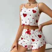 Choco Shop 甜蜜約定．舒適柔感細肩帶愛心印花二件式睡衣(紅色) S~XL