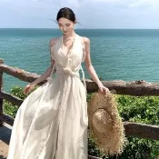 【AS 梨卡】女裝 洋裝 長裙 掛脖長裙 露背洋裝 收腰洋裝 無袖連身裙 沙灘裙 V領長裙 C6673