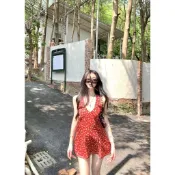 【BANKO】碎花裙 短版洋裝 V領洋裝 辣妹洋裝 紅色碎花露背V領掛脖洋裝女夏季緊身收腰a字短裙