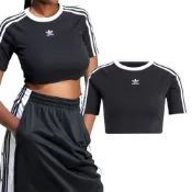 Adidas 3 S Baby Tee 女款 黑色 上衣 三線 短版 運動 三葉草 短袖 IU2532