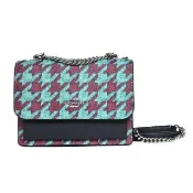 【COACH】MINI KLARE千鳥紋圖印內雙層鍊帶方型斜背包(藍紅)