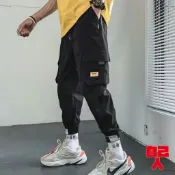 【自己人】魔鬼氈 多口袋 工作褲 寬鬆 軍褲 口袋 工裝褲 男生 縮口褲 束口褲 休閒褲 束腳褲 褲子(APD15