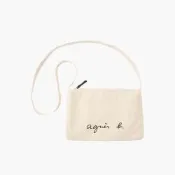 agnes b.-Voyage 帆布 logo 拉鍊斜背包(白)