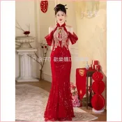 🔥【台灣熱賣】 新中式敬酒服新娘2026新款紅色魚尾裙旗袍高級感結婚訂婚婚禮服裝女夏