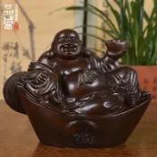 銀聯網日用品生活館 木雕彌勒佛像擺件笑口常開招財布袋坐笑佛家居紅木黑檀工藝品禮品1入