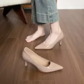 羊皮版~裸色高跟鞋女通勤7公分單鞋尖頭淺口細跟真皮軟底工作鞋女#Hi, 貼心優衣家居#