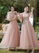 vinne百貨家居 大尺碼晚禮服洋裝 伴娘服2025新款姐妹團粉色顯瘦平時可穿高級感小眾氣質禮服女紗裙