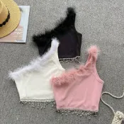 女童跳舞 羽毛流蘇時髦露肩 中大童吊帶背心上衣 外穿模特走秀 爵士舞