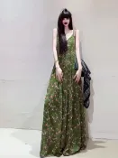 夏度假風小清新韓版a字大擺吊帶裙沙灘裙拍照遮肚顯瘦洋裝