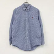 【DOKODEMO】Polo by Ralph Lauren長袖紐帶襯衫，格子圖案，藍色，L 碼，古著