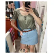 Miolla 澳洲品牌French Connection淺軍綠/白/深藍色絲棉涼爽面料澎袖打結